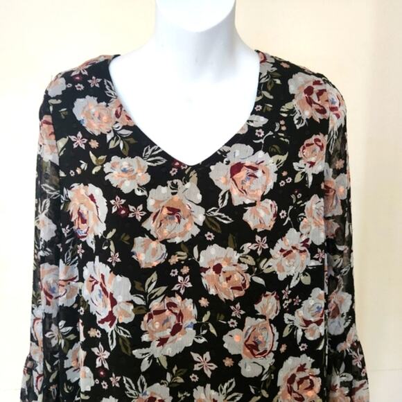 ONE HART Black Teal Floral V Neck Bell Sleeves Ruffle Hem Mini Dress Size M - Picture 6 of 13